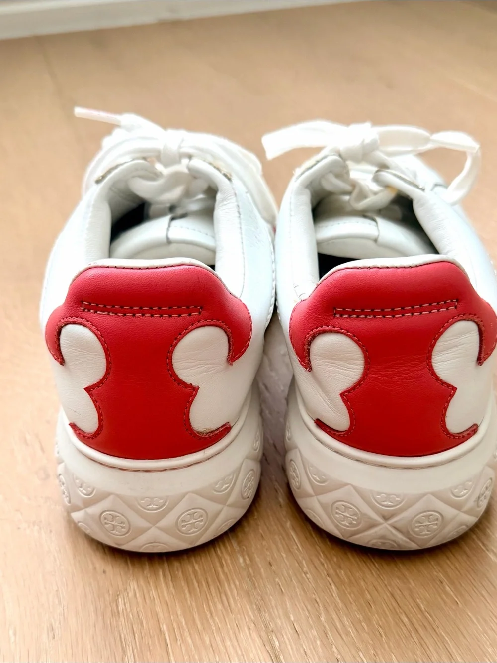 Tory Burch White Leather Ladybug Low-Top Sneakers with Coral Heel Accent